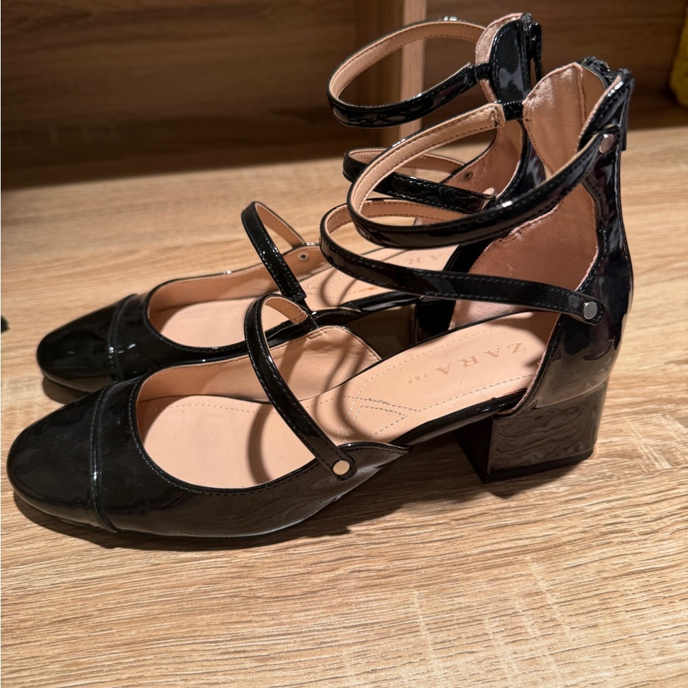 Zara Black Patent Multi-Strap Block Heel Mary Janes